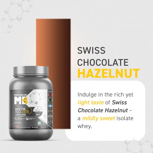 Image of MuscleBlaze Biozyme Iso-Zero Whey Protein Isolate Powder, 1kg (2.2lbs) | Swiss Chocolate Hazelnut | 27g Protein Per Scoop | USA Patent-Published Enhanced Absorption Formula (EAF)