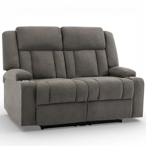 AIWOEN Manual Recliner Loveseat with Cup Holders 2-Seater Fabric Reclining Sofa Compact Wall Hugger Couch for RV Small Living Room & Home Theater Brown