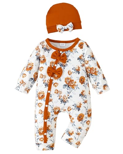 Image of Mioglrie Newborn Baby Girl Clothes Long Sleeve Romper Infant Fall Winter Outfits Floral Hat Jumpsuit Preemie Girl Clothes