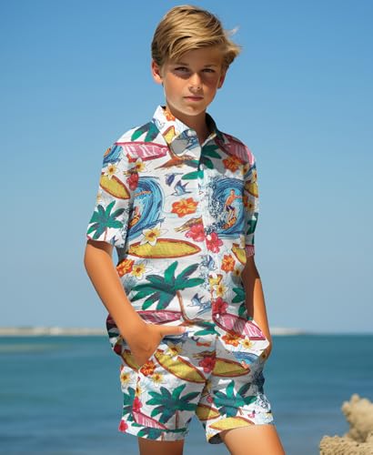 Yoimira Boys Hawaiian Shirt and Short Set Beach Shirts for Kids Printed Casual Outfit 2 Piece with Pocket 7-14 Years4