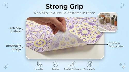 Image of Dribble EVA Shelf Liner Mat 45x500cm Roll, Non Slip Drawer & Cabinet Liner for Kitchen, Waterproof Oilproof Washable Fridge Mat, Anti Skid Cupboard Wardrobe Multipurpose Mat (Purple /Yellow)