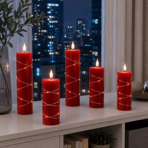Image of Kiexung Red Flameless Candle Fairy String Light, Water Drop Flame, Advanced LED Flame Simulation with Remote and Timed Candles, 5-Cell Battery Powered,Christmas Candle