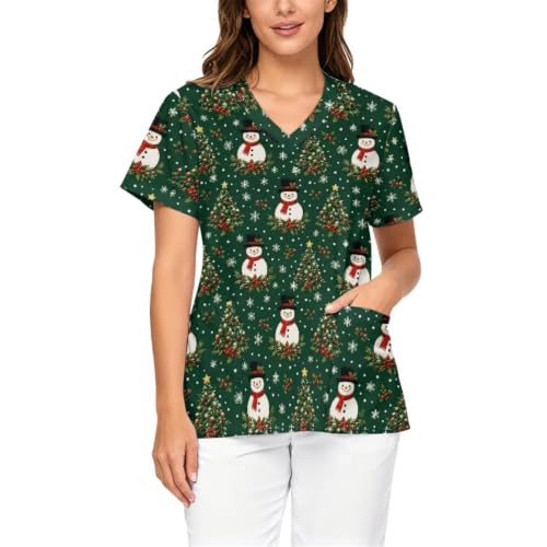 Xarleslyna Christmas Snowman V-Neck Scrub Tops, Pediatric Nurse Shirts