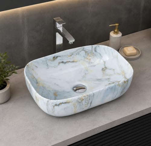 Image of OSOSAM Tabletop Wash Basin For Bathroom | Ceramic Glossy White Countertop Washbasin | Vessel Sink For Hotel, Dining Hall, Vanity | 18 x 13 x 5.5 Inches (MS-156)