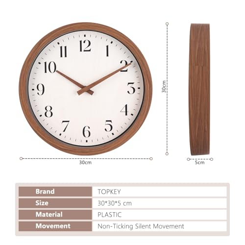 Image of Topkey 12 Inch Silent Wall Clock with Wooden Hour and Minute Hands - Round Wood-Like Frame & White Dial for Home Office Kitchen Decor - Wooden Brown