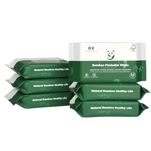Bamboo Flushable Toilet Wipes Septic Safe,Soft Eco Friendly Unbleached XL Personal Aloe Vera Wet Wipes for Women/kids/Adults 360Count 6Packs/360Sheets Biodegradable for Sensitive Skin
