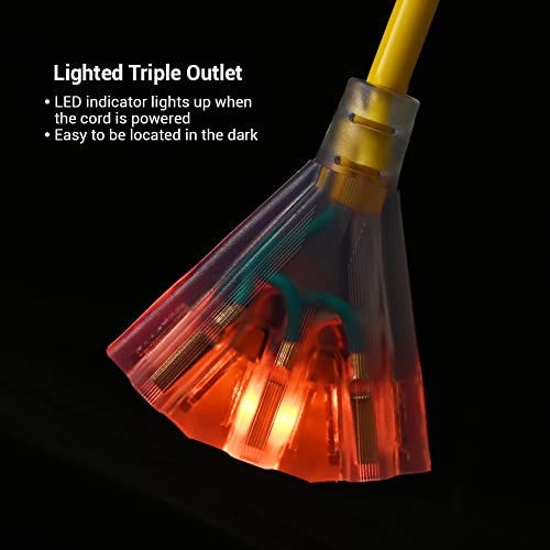 Dewenwils 2 Ft 12/3 Gauge Indoor / Outdoor Tri-Tap Extension Cord Splitter, Sjtw 15 Amp Yellow Outer Jacket Contractor Grade Heavy Duty Power Cable With Led Lighted Plug, Ul Listed, Pack Of 3 #TOP5