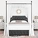 Keyluv Queen Upholstered Canopy Bed Frame with 2 Drawer and Button Tufted Headboard Metal Platform Bed with 4 Removable Posts Two-Purpose Velvet Bed No Box Spring Needed Dark Grey/Curtain Not Included