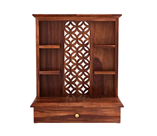 Image of Solid Sheesham Wood Temple for Home & Office /Mandir /God Stand /Pooja Stand /Home Mandap /Mandapam with Cabinet Doors & Multiple Storage /Shelf with Drawers (Honey3, 20x15x28 inch)