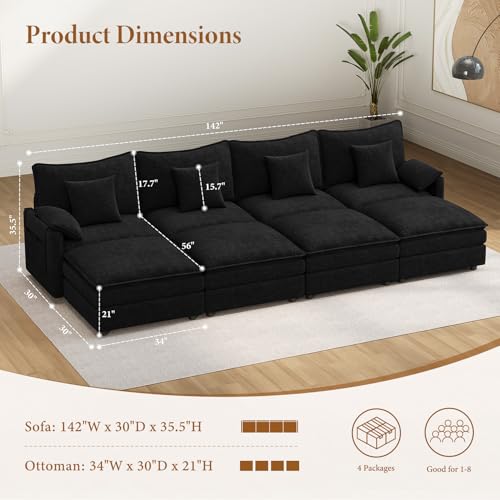 Image of Vesgantti 142 inch Oversized Sectional Sofa Bed, 8-Seater Modular Sleeper Cloud Couch with Movable Ottoman, Chenille Convertible Sofa Set Deep Seat Couches for Living Room, Bedroom and Apartment, Black