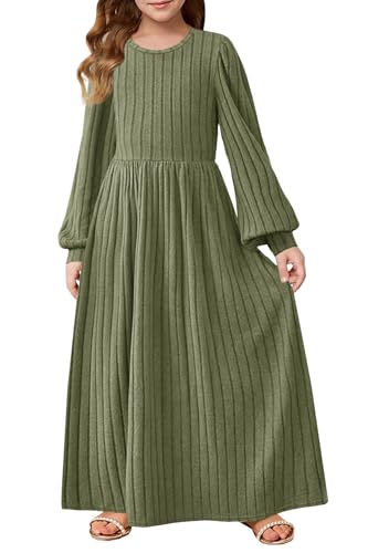 YOVION Girls Sweater Dress Fall Winter Lantern Long Sleeve Crew Neck Casual Flowy Knit Maxi Dresses with Pockets for 6-12 Y