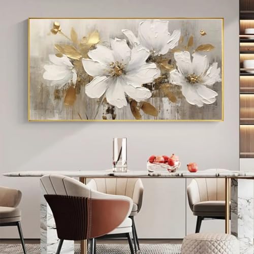 Peinture murale moderne abstraite fleurs blanches pour illuminer un mur sombre de salon