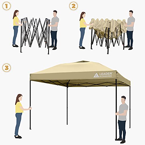 Leader Accessories Beige Pop-Up Canopy Tent 10'X10' Canopy Instant Canopy Straight Leg Shelter With Wheeled Carry Bag, With 4Pcs Sandbags #TOP2