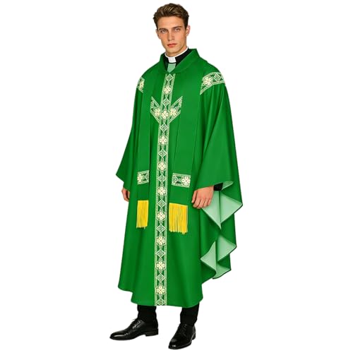 Alvivi Chasuble Mass Round Collar Robe for Men Church Vestments Ceremonial Wrap Catholic Vestment Priest Clothing Green One Size