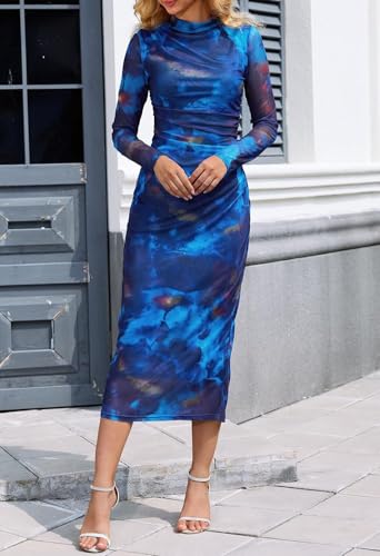 Women's 2024 Long Sleeve Tie Dye Dress Bodycon Mock Neck Mesh Ruched Cocktail Maxi Dresses2