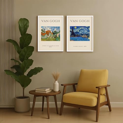 Image of SoulAbiti Street in Auvers-sur-Oise - 1890 & The Starry Night 1889 Framed Wall Art Print Set of 2 12x18 inch White Frame Plexi-Glass Famous Painting Art Prints Home Living Room Bedroom Office Decor