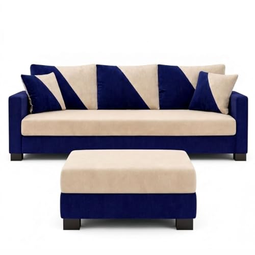 Image of Zavian 4 Seater L Shape Sofa Set with Movable Ottomans | Flexible Layout | Rich Velvet Suede Fabric | Silver Legs | Spacious Seating | Modern Sofa for Living Room (Dark Blue-Cream)
