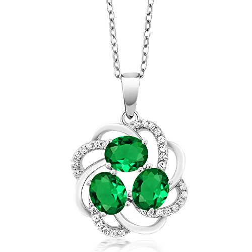 Gem Stone King 925 Sterling Silver Green Simulated Emerald 3-Stone Spiral Pendant Necklace For Women (1.55 Cttw, with 18 Inch Silver Chain)