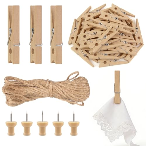 60 Pcs Pinzas de Madera con 30 Chinchetas y 1 Rollo de Cuerda de Yute, 7,2cm Pinzas para Colgar Fotos, para portatarjetas de Navidad, Colgantes de Pared, Bodas, hogar