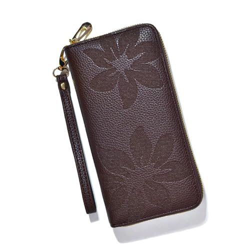 Carteira feminina de grande capacidade com zíper, porta-cartão, carteira de pulso para mulheres, carteira de viagem feminina, Marrom