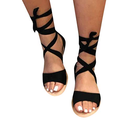 Flache Riemchensandalen, modische Damen-Sandalen, flache Slider, einfarbig, zum Schnüren, offene Zehen, Schuhe für Sommer, Strand, Freizeitschuhe, Schwarz , 39 eu, Knöchelriemen Cover
