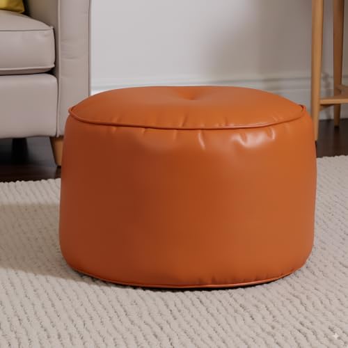 Image of Premium Faux Leather Footstool /Footrest /Pouffe | EPS Beans Filled | Ready to Use | Soft Cushioned Ottoman | Durable Leatherette Finish | Living Room, Bedroom & Office Color- (Orange)