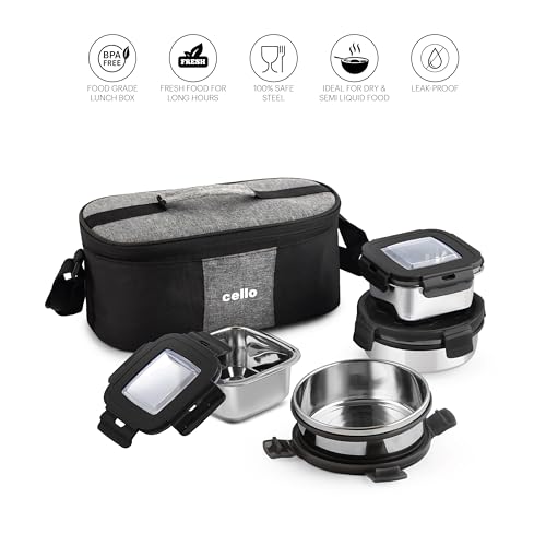 Image of CELLO Duet Set of 4 Pcs Stainless Steel Lunch Box with Bag for Office Use, Black | 2 x 400ml Round, 2 x 400ml Square Steel Containers with Fork & Spoon, Leak Proof Airtight Steel Tiffin Box for Travel
