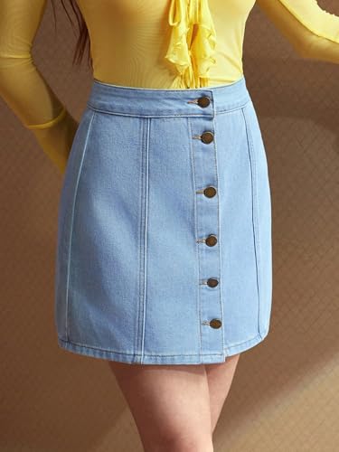 Image of Sugathari Women's Casual Denim Light Blue Skirt - High Waist, A-Line, Mini Length Without Pockets | Stylish Everyday Wear (Skirts 210)