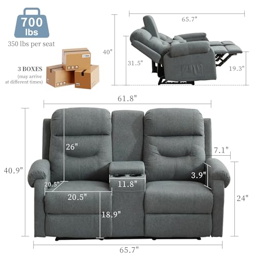 SAMERY Loveseat Recliner - Reclining Loveseat with Console - 2 Seater Manual Recliner Chair Double RV Recliner Loveseat Sofa Couch Set Home Theater Seating for Living Room/Office (Gray, 65.7") - Thumbnail 2