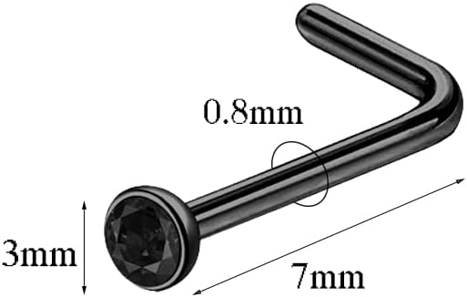 6pcs 20g Nose Studs Black Rose Gold Stainless Steel L Shaped | Corkscrew Design, 3mm CZ, For Women Men, Nostril Piercing Jewelry