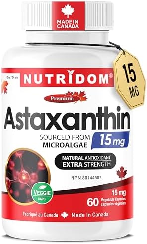 Nutridom Astaxanthin 15mg | Source of Antioxidant | Sourced from Microalgae | Vegan, Non-GMO, Allergen-Free | Astaxanthin Supplement Canada | 60 Veggie Capsules