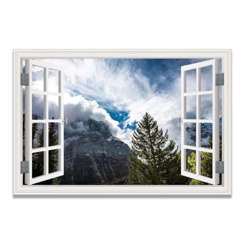 Tableau Toile Fenêtre Trompe-l'Œil Paysage Montagne Lac et Nuages Épais Décoration Murale