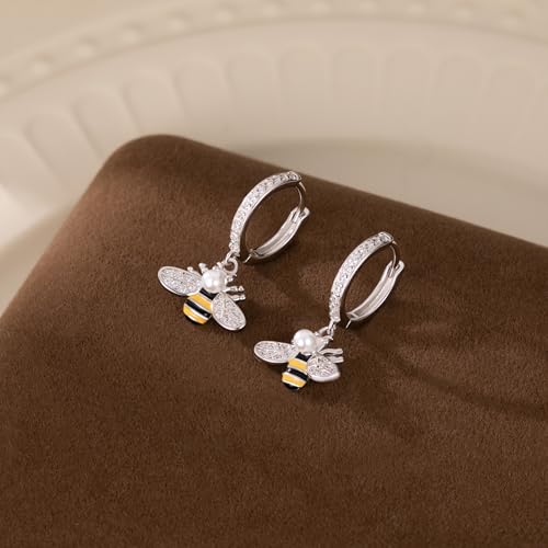 Reffeer Solid 925 Sterling Silver Bee Dangle Earrings for Women Teens Cute Bee Drop Earrings Hoop Dangle Earrings4
