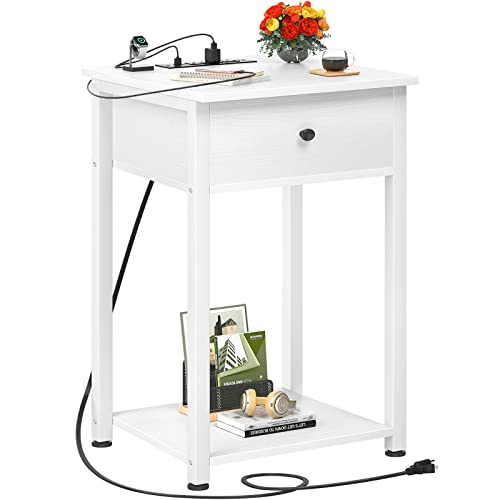 Image of Ecoprsio Nightstand with Charging Station, White End Table Side Table with USB Ports, Wood Night Stand, Bedside Table with Drawer and Shelf for Bedroom, Living Room, Sofa Couch, Hall