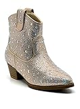 Forever Girls Rhinestone Cowboy Boots Kids Low Heel Dress Booties River-01K Champagne 11
