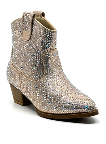 Forever Girls Rhinestone Cowboy Boots Kids Low Heel Dress Booties River-01K Champagne 10