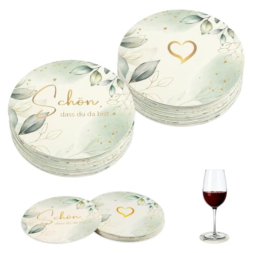 30 Stück Bierdeckel, Untersetzer Schön DASS du da bist Rund 10cm,Eukalyptus Glasuntersetzer für Hochzeit Geburtstag Gartenparty Tischdeko