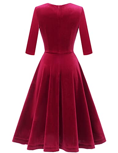 Womens Red Long Sleeve Velvet Dress Plus Size Winter Vintage Cocktail Formal Party Midi Dress V-Dark Red 3Xl #TOP2