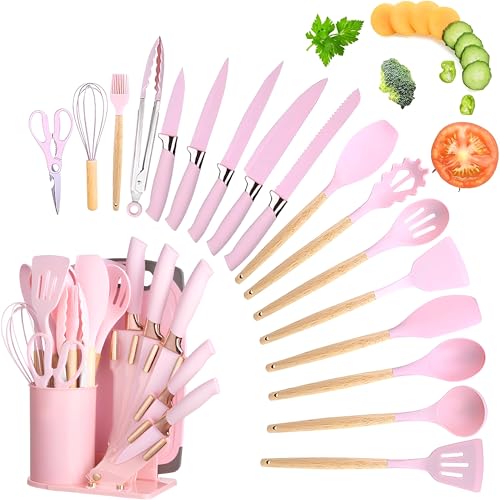 DANFFI - Kitchen Utensils Set - Silicone Cooking Utensils, Non-Toxic Spatula Set, Kitchen Tools, Cutting Board, Pink cooking utensils set (Pink, 19 Pieces HQ)