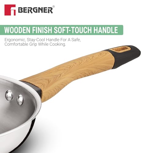 Image of TriPro Triply Stainless Steel 24cm Frypan with Wooden Soft Touch Handle, Triply Frying Pan for Cooking, Consumes Less Oil, Healthy Cooking, Even and Faster Heating - Induction and Gas Stove Ready
