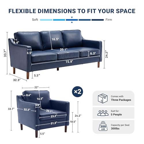 Image of Kingfun Couch Sets for Living Room, 3 Seater Couch and Armchair Set of 2, Mid Century Modern Sofa Chair Faux Leather Couch with Solid Wood Frame for Bedroom