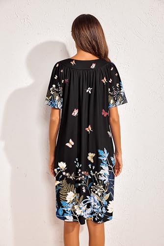 Image of Ekouaer 2 Pack House Dresses for Women with Pockets Short Sleeve Moo Moos Floral Print Mumu Dresses