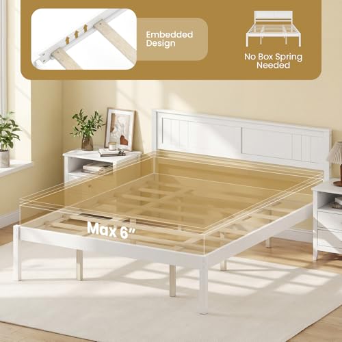 Image of GIANTEX Queen Wood Platform Bed Frame with Headboard, Mid Century Queen Bed Frame with Wood Slat Support, Solid Wood Foundation with 16 inch Under Bed Storage, No Box Spring Needed, Easy Assembly (White)