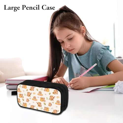 Image of WOBAGMEN Double Layer Pencil Case with Handle Large Pencil Bag Cute Print Pencil Pouch for Boys Girls (Capybara Donut)