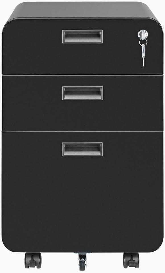 Desky 3-Drawer Mobile Filing Cabinet – Lockable Rolling File Cabinet for Home Office, Fits Letter/Legal/A4 Files, Smooth-Glide Drawers – Black