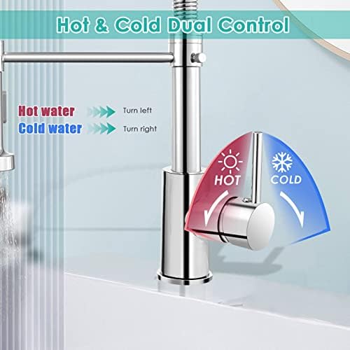 Pakuyi Spring Kitchen Sink Faucet Single Handle Single Lever High Arc Spring Faucet 360° Swivel Spring Kitchen Mixer Tap with Pull Out Sprayer with 2 Modes Spray (Spring tap)