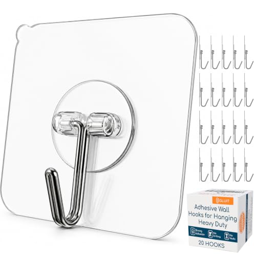 Image of GLUIT Adhesive Wall Hooks for Hanging Heavy Duty 22 lbs Hooks for Walls No Drill, Towel Sticky Clear Hooks, Waterproof, Home, Bathroom, Kitchen, Office, and Outdoor 20 Pack