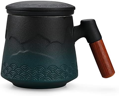 NCQIXIAO Tea Cup with Infuser and Lid, Gradual Mountain and Spray Tea Mug Cups with Infuser, Wood Handle Ceramic Coffee Mug with Lid Tea 430ml/14.50 OZ (Gradient Green)