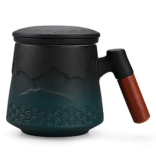 Ncqixiao Tea Cup With Infuser And Lid, Gradual Mountain And Spray Tea Mug Cups With Infuser, Wood Handle Ceramic Coffee Mug With Lid Tea 430Ml/14.50 Oz (Gradient Green) #TOP18