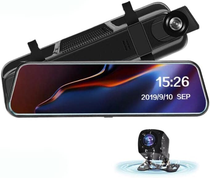 10'' Mirror Dash Cam Night Vision 1080P FHD Full Touch Screen Front and Rear View Backup Camera for Cars Loop Recording Streaming Media 170°Wide Angle Parking Assistance